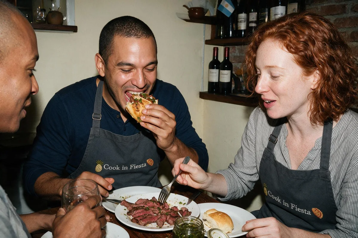 Participants sharing a candid meal during a culinary experience