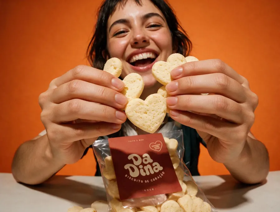 Da Dina pack with heart-shaped biscuits on yellow