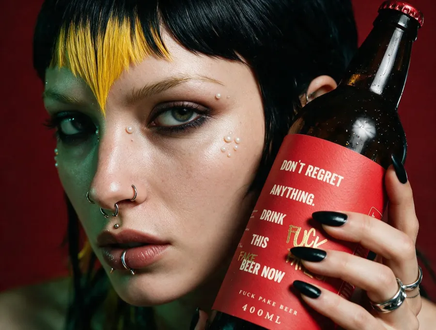 AI close-up portrait with yellow hair and an FK Parlour bottle