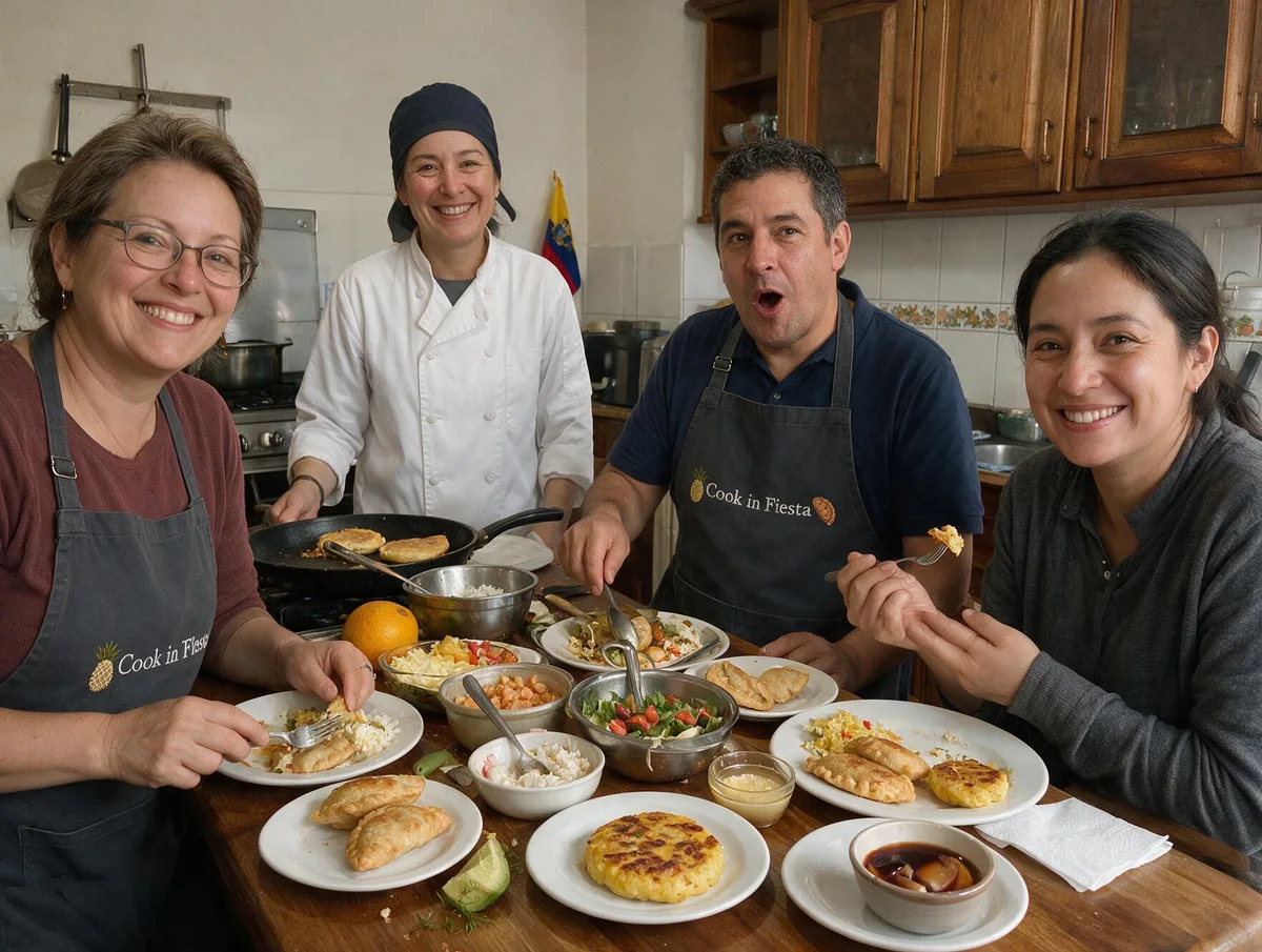 Participants share a table of prepared dishes after a cooking class.