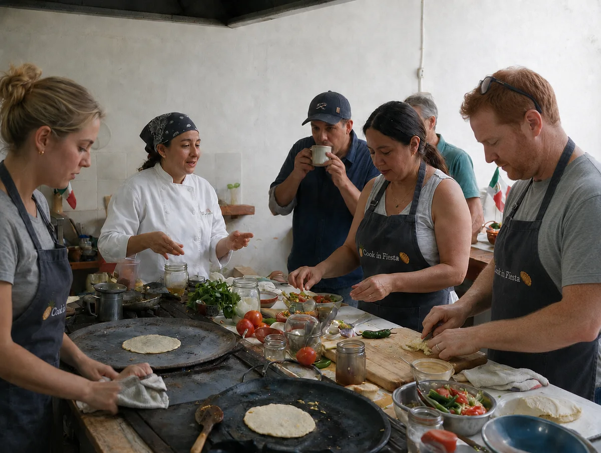 A group prepares ingredients together around a working kitchen counter.
