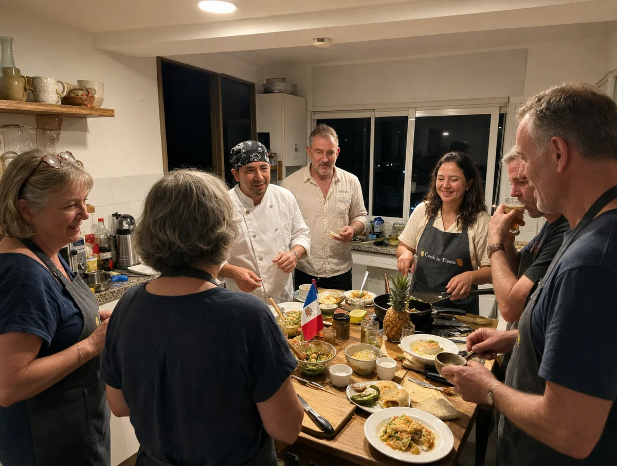 Participants watch the instructor across a kitchen counter.