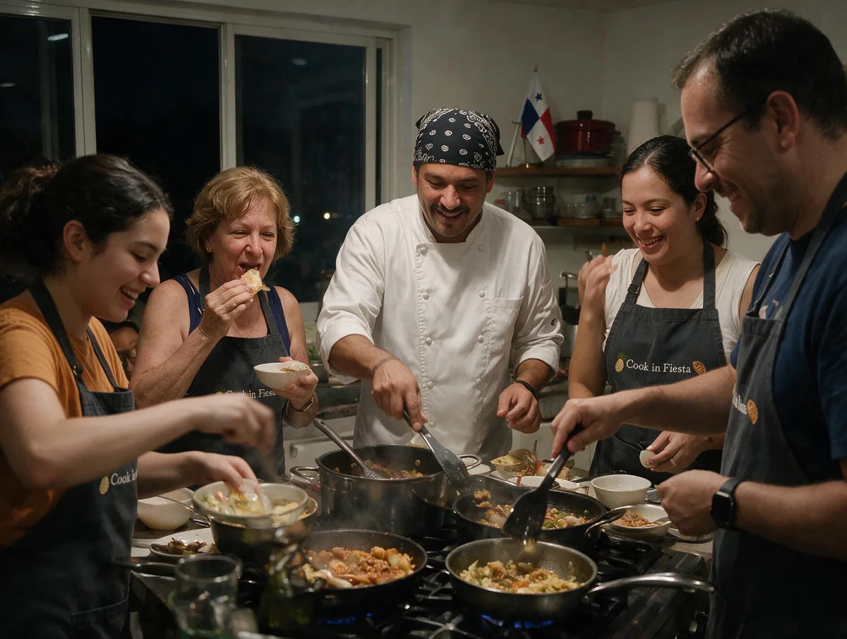 Guests taste food while the instructor cooks at the hob.
