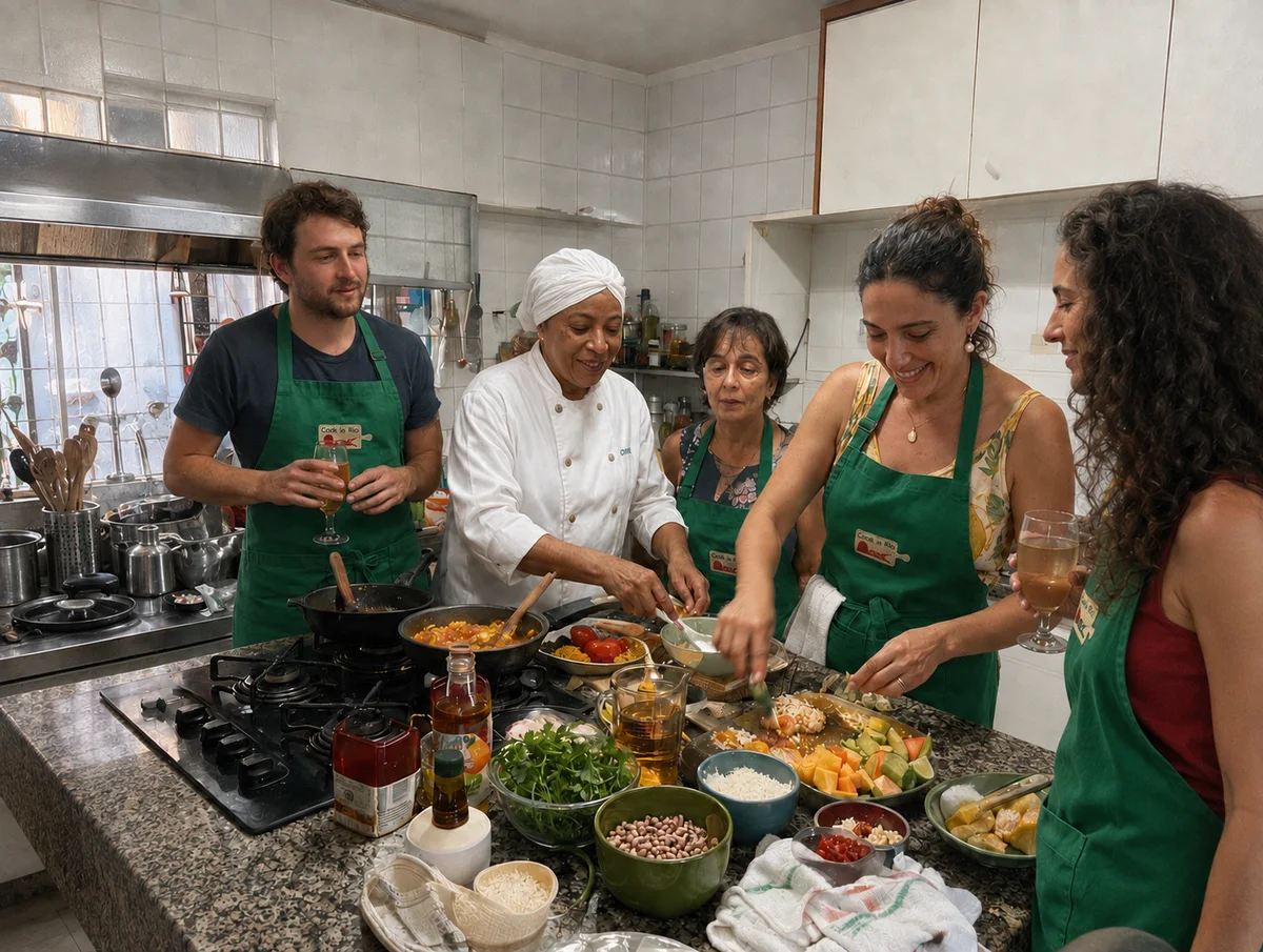Guests observe the chef cooking with food and utensils in the foreground.