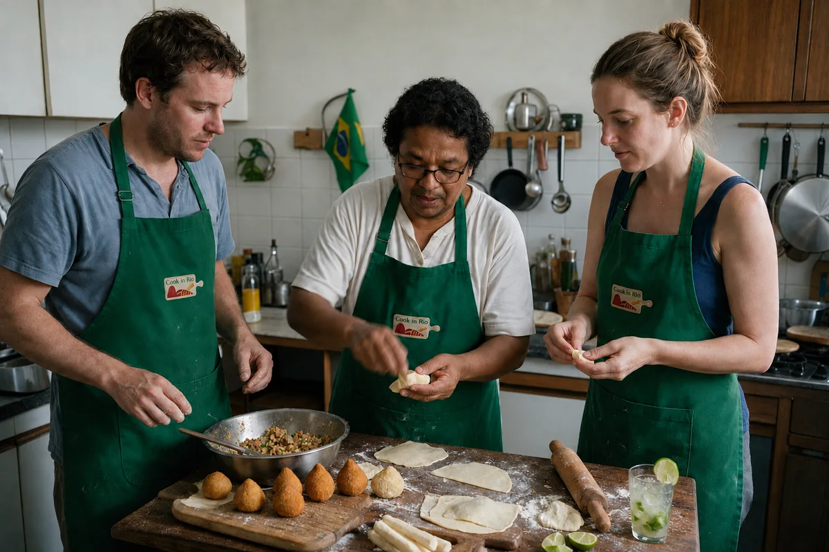 A chef demonstrates dough preparation to three participants.