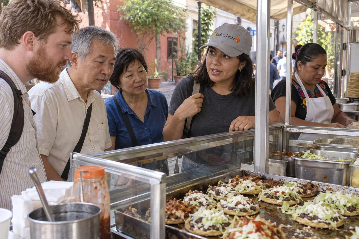 Visitors explore prepared food displayed behind a market counter.