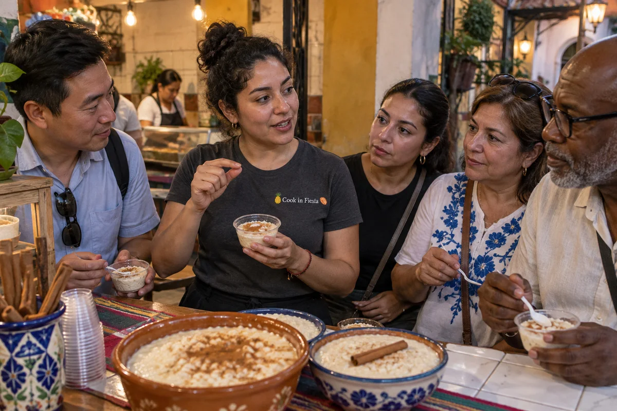 A guide discusses local food with guests at a market stall.