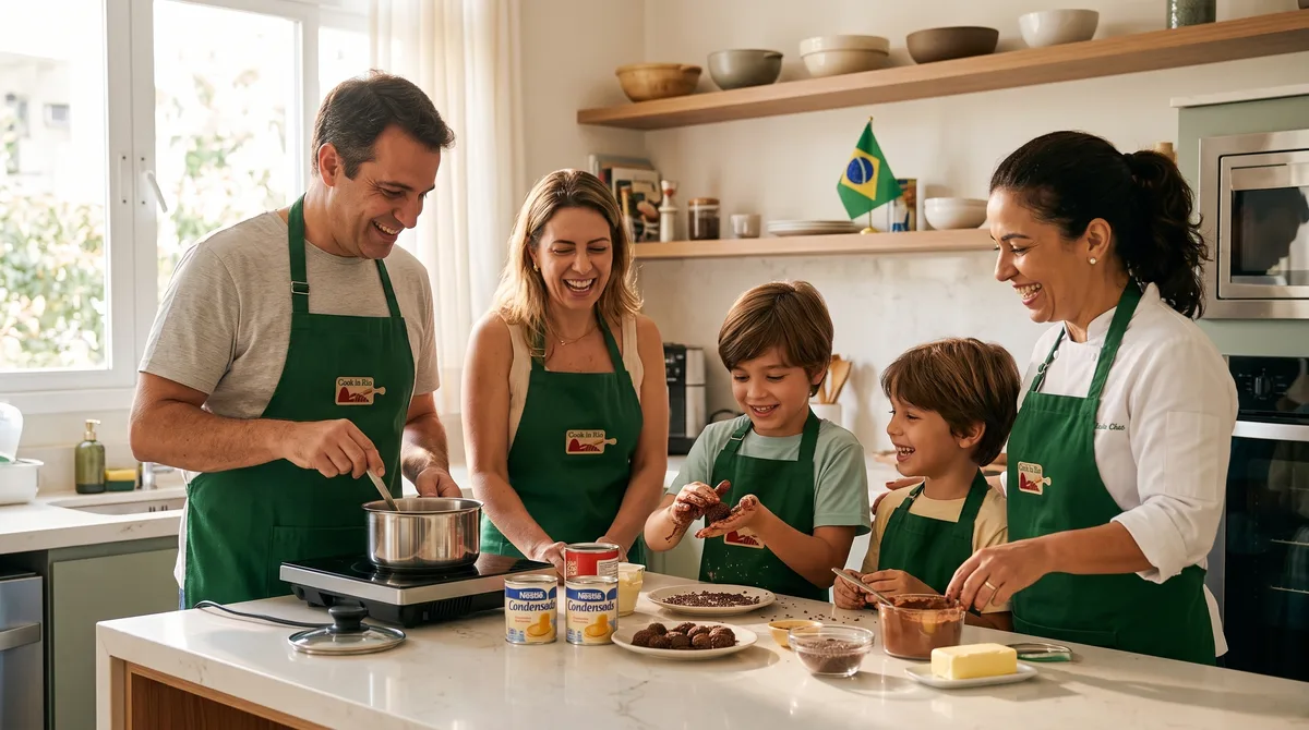 A family and instructor smile together while preparing chocolate sweets in a carefully arranged kitchen.