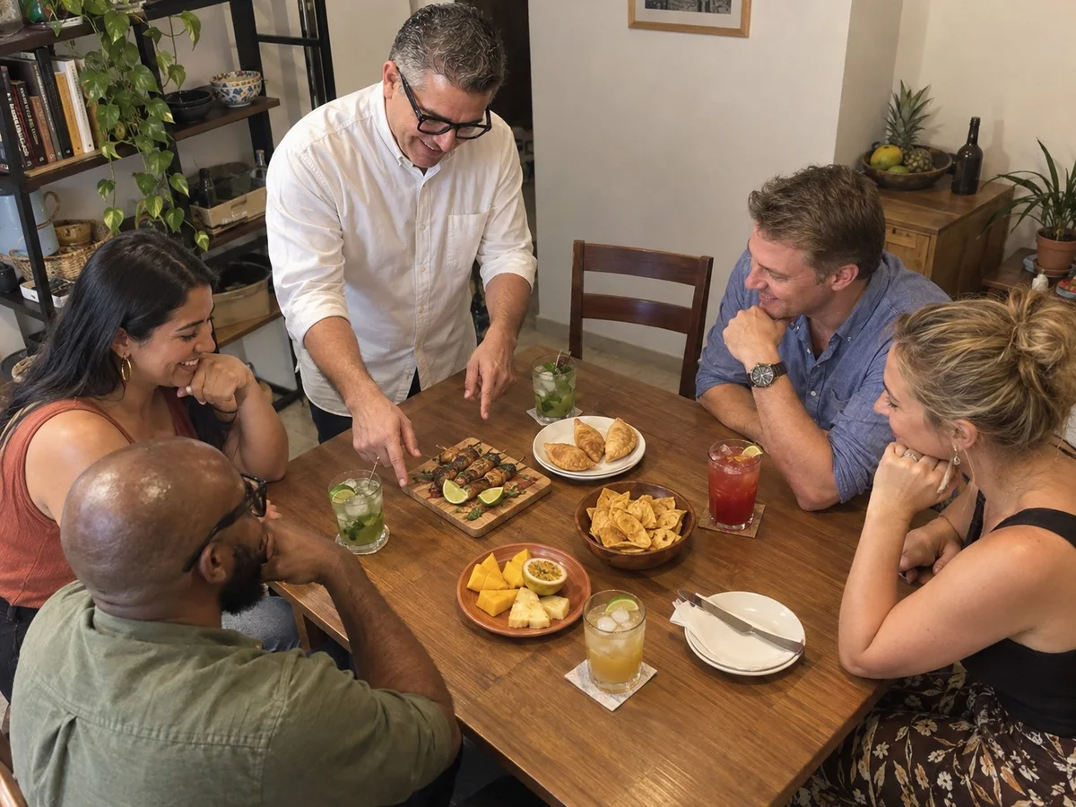A group shares food and conversation during an indoor tasting.