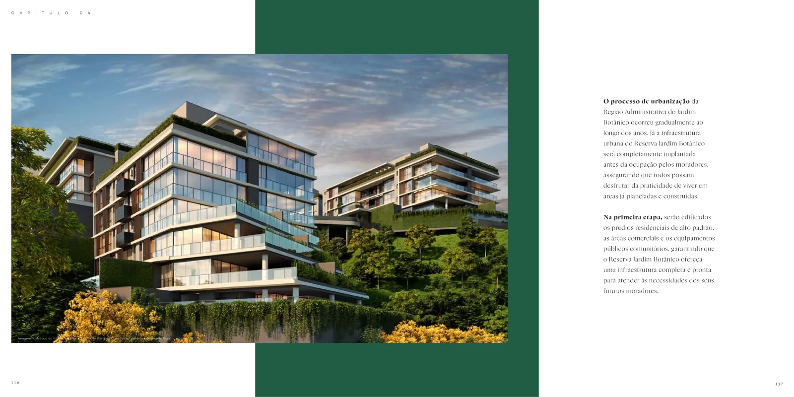 Reserva Jardim Botânico launch book spread with the buildings among trees