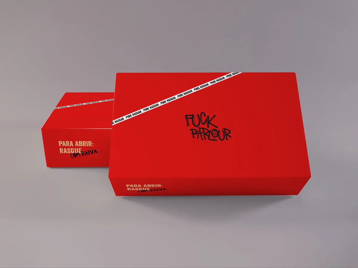 Closed red FK Parlour box with black lettering