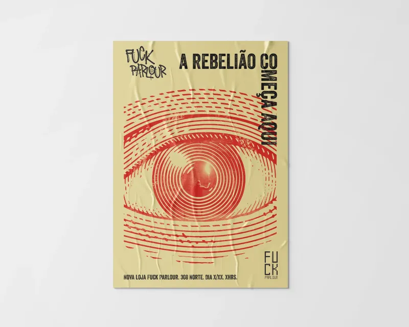 FK Parlour poster, “A rebelião começa aqui”, with a concentric eye illustration