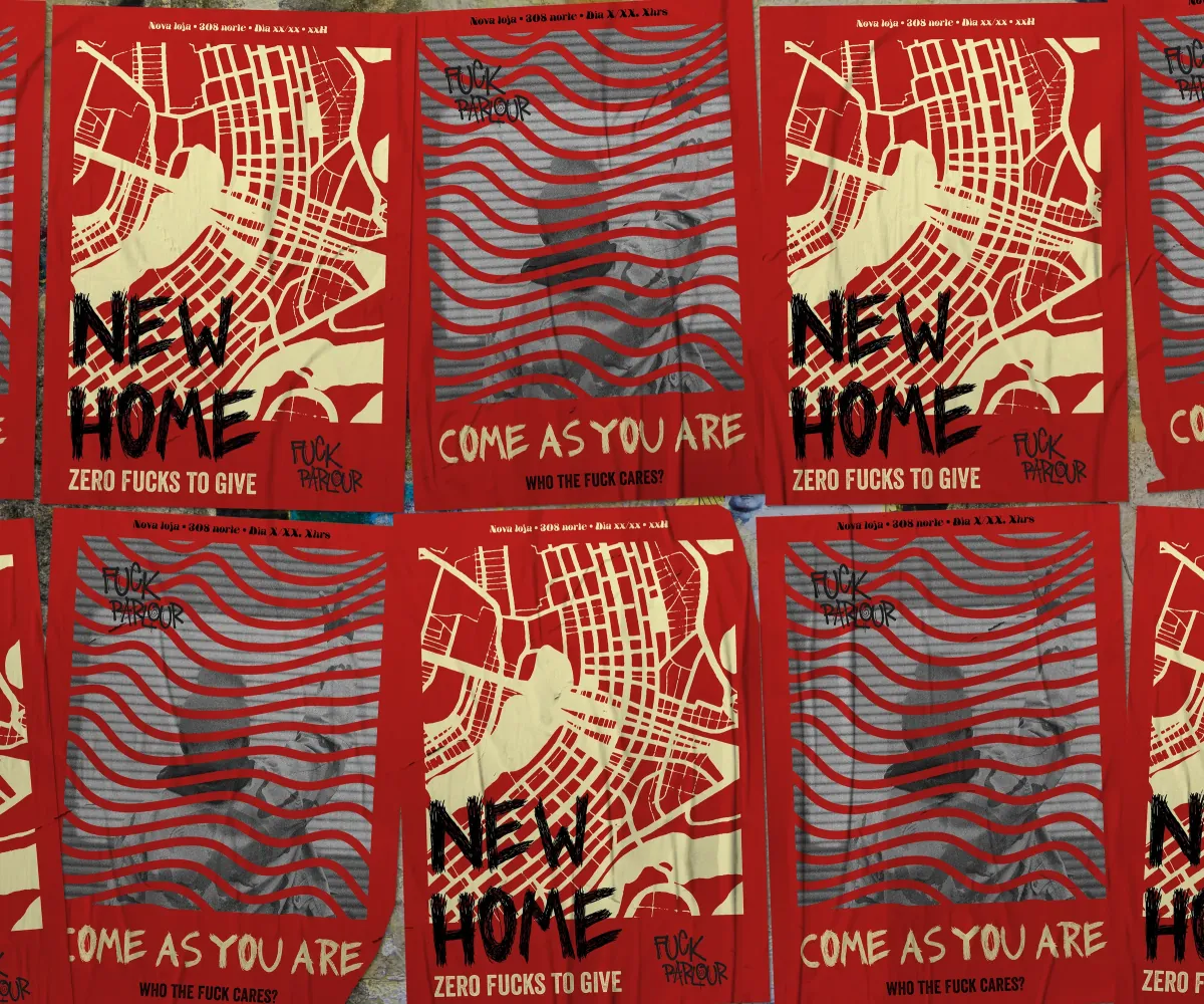 Wall of FK Parlour posters from the “New home” and “Come as you are” series