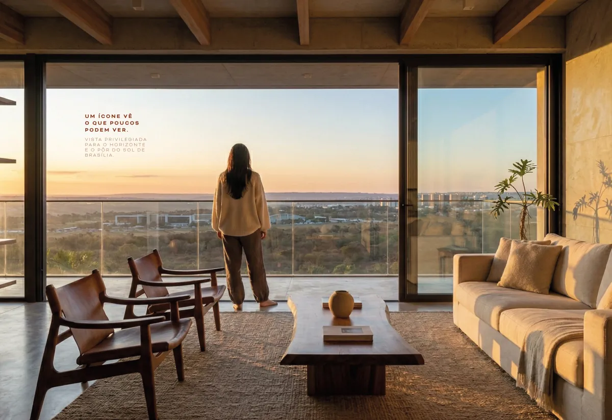 ICON spread: a woman at the window of an apartment at sunset