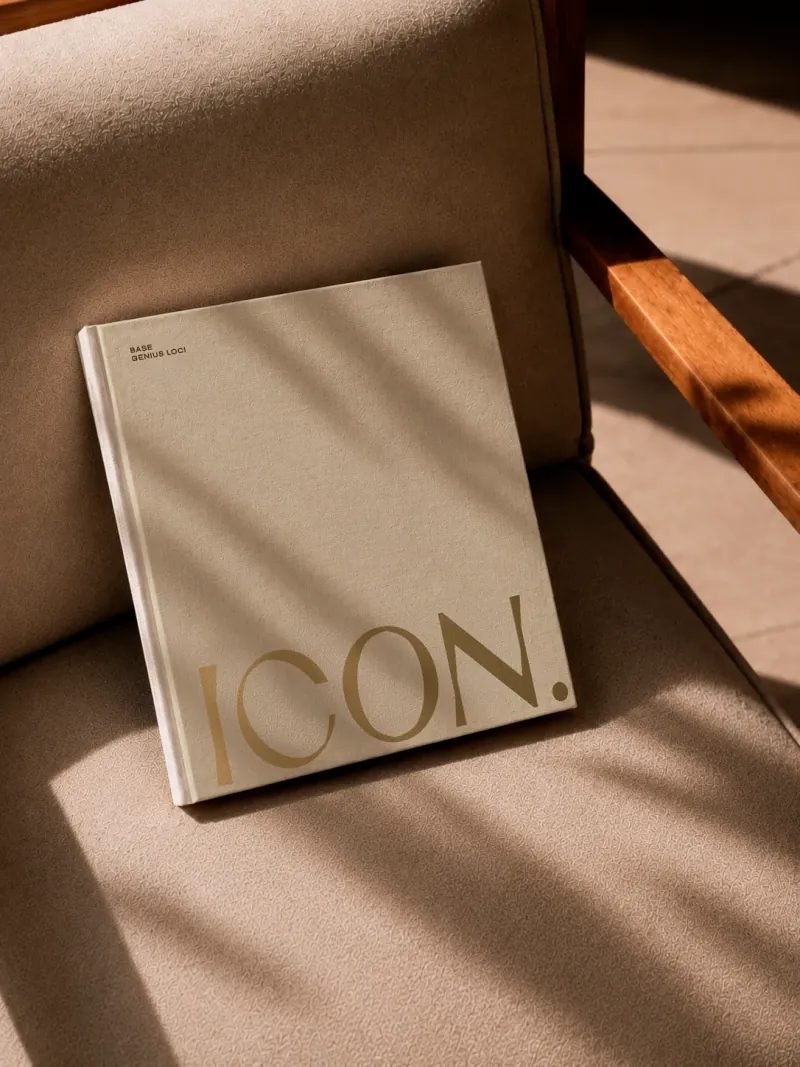 ICON book cover in light linen with the embossed name