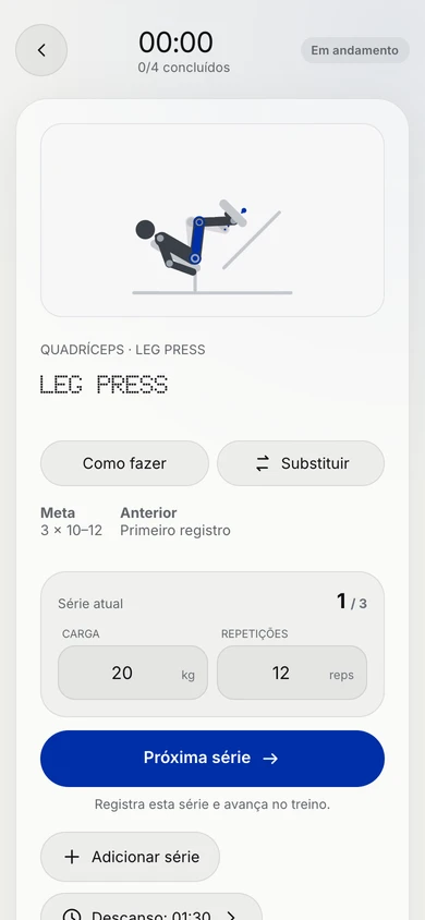 Actual PB.FIT execution screen, with a leg press animation and set logging