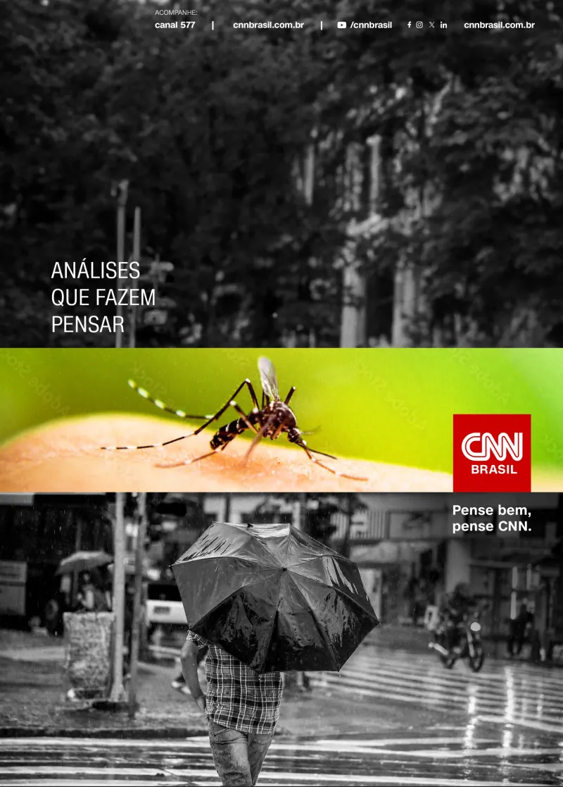 CNN Brasil ad, “Fatos que fazem pensar”, with news photographs in black and white
